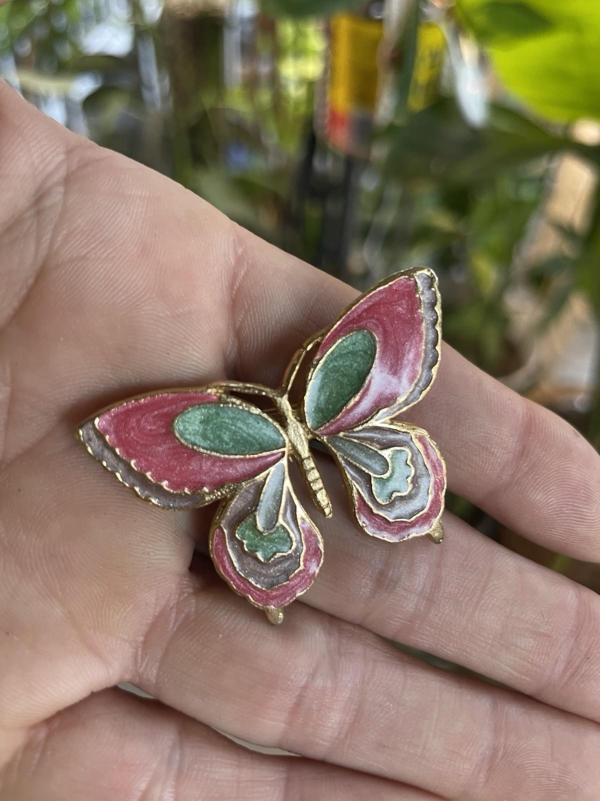 Vintage Cloisonne Enamel Butterfly Brooch Pink Green Gold Tone Statement Pin