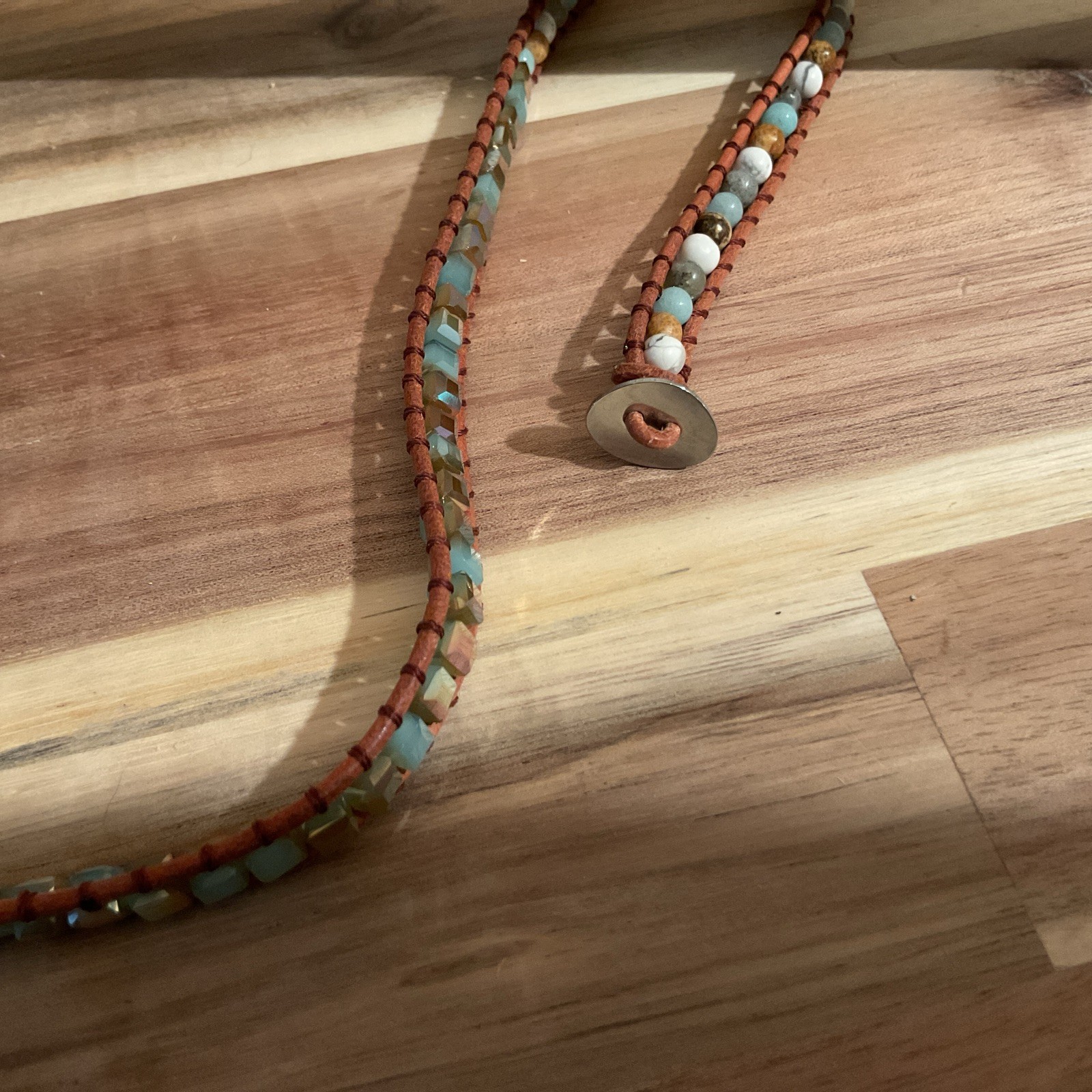 Blue Turquoise Color Stone Gold Edges Leather Beaded Necklace 17 Inches Long