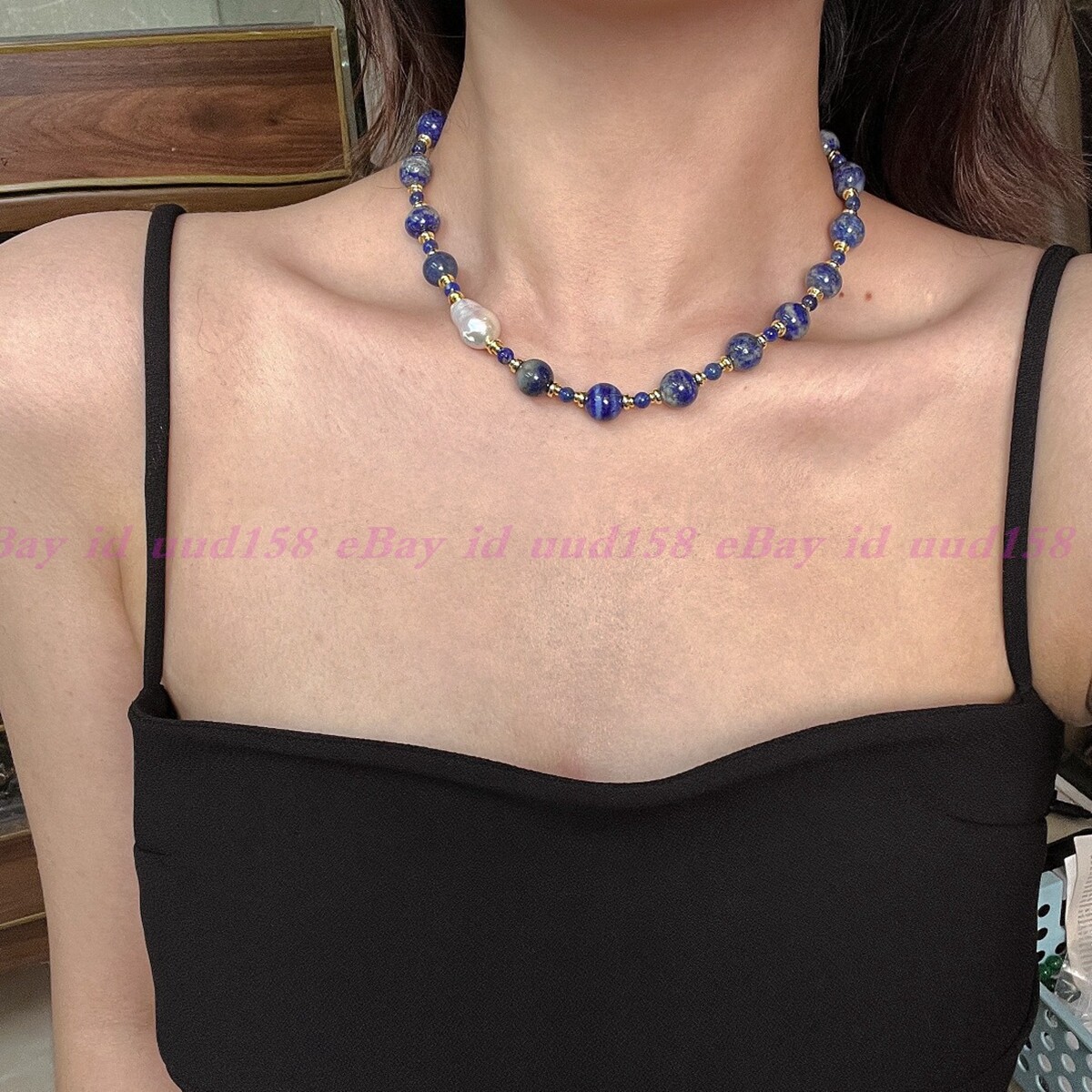 Natural 6-12mm Blue Lapis Lazuli White Keshi Baroque Pearl Pendant Necklace