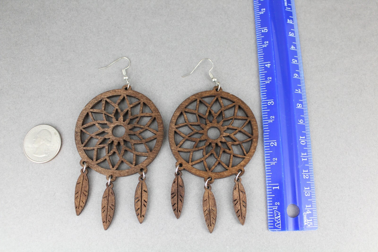 Dark Brown wood dream catcher feather earrings big lightweight leaf 4.25″ long