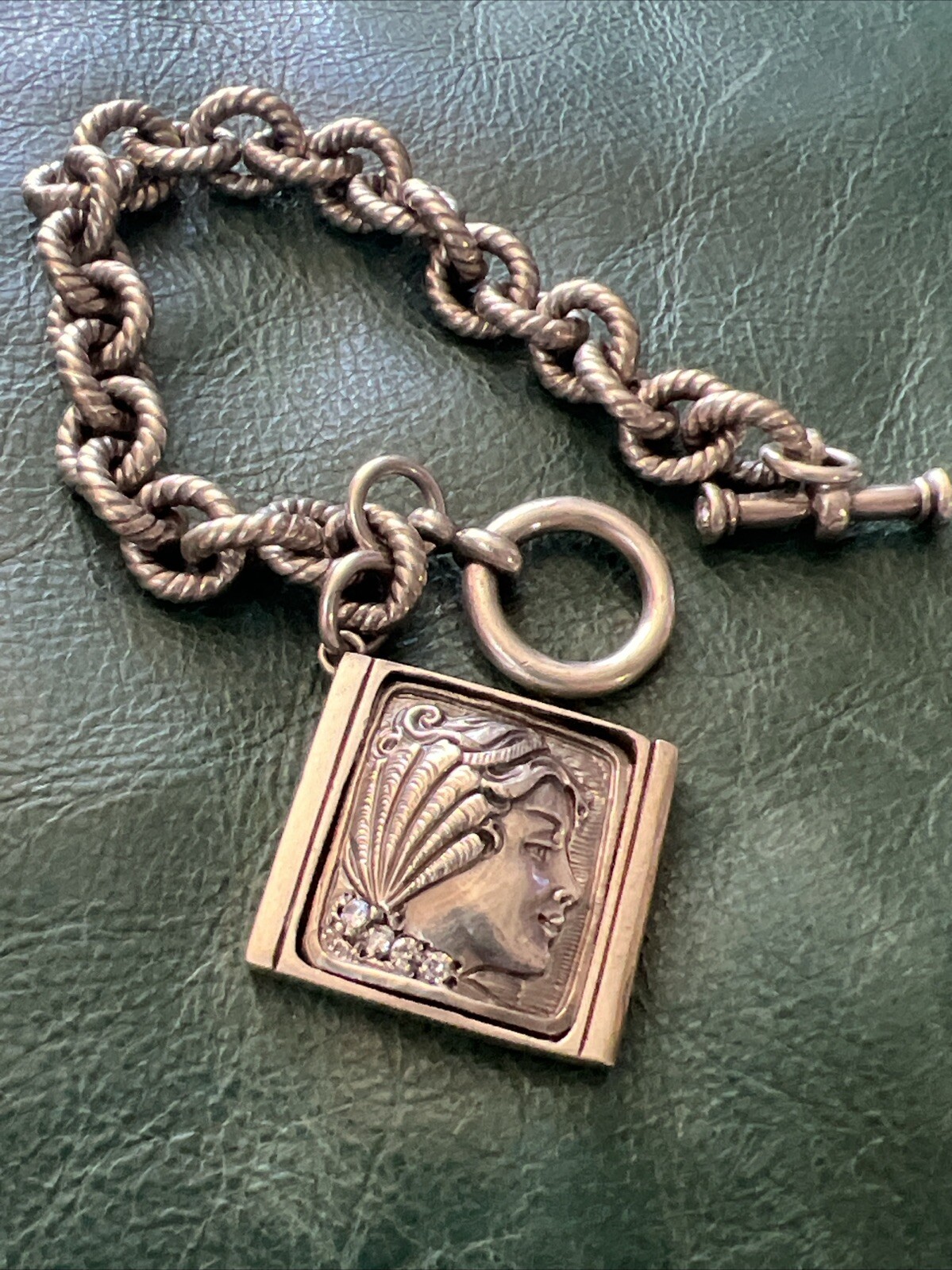 NATALIE BARONI Sterling Silver Portrait Charm Bracelet With Cz Signed 7.5”