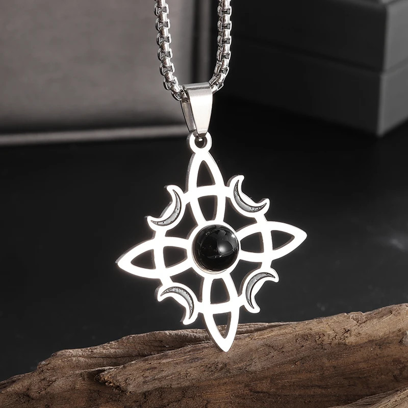 Moon Quaternary Knot Stainless Steel Necklace Spiritual Pendant 23.5 Inch Chain