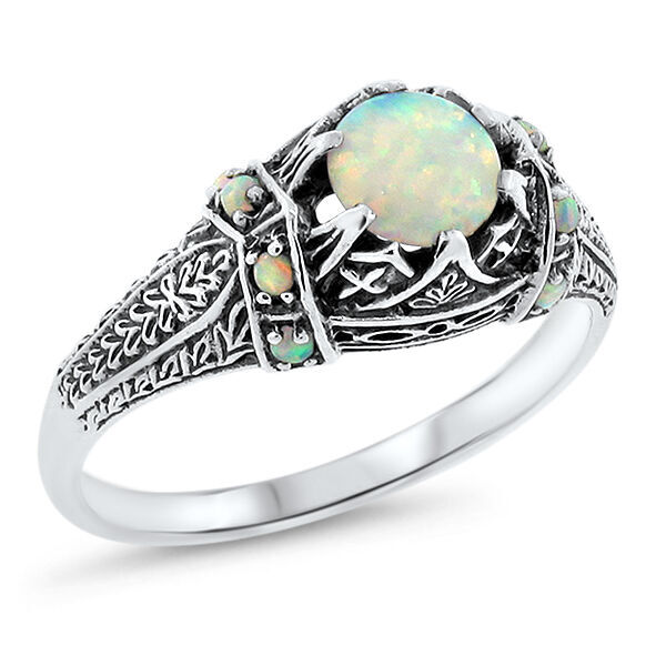 VICTORIAN STYLE LAB-CREATED OPAL 925 STERLING SILVER FILIGREE RING #643
