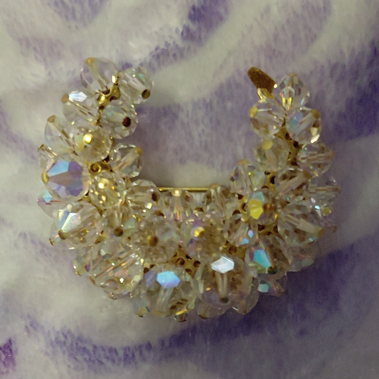 Arora Borealis Crystal Stone Crescent Moon Brooch Pin, , Vintage Mid century