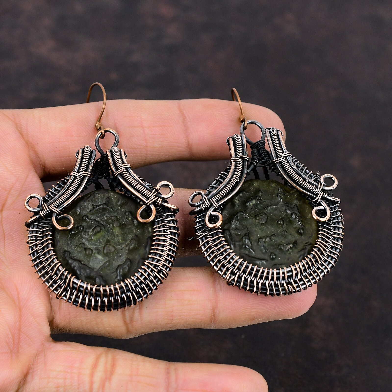 Moldavite Jewelry Copper Mother Gift Wire Wrapped Drop/Dangle Earrings 2.87″