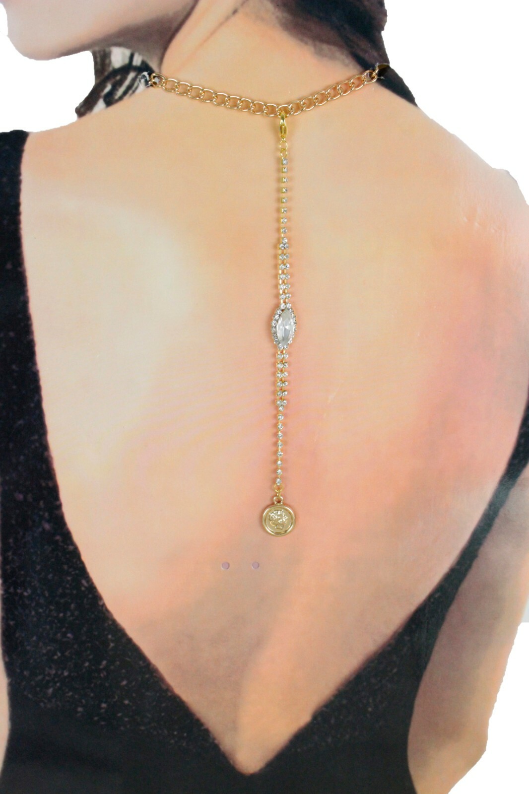 Women Open Back Dressy Long Necklace Pendant Gold Metal Chain Links Coin Charm