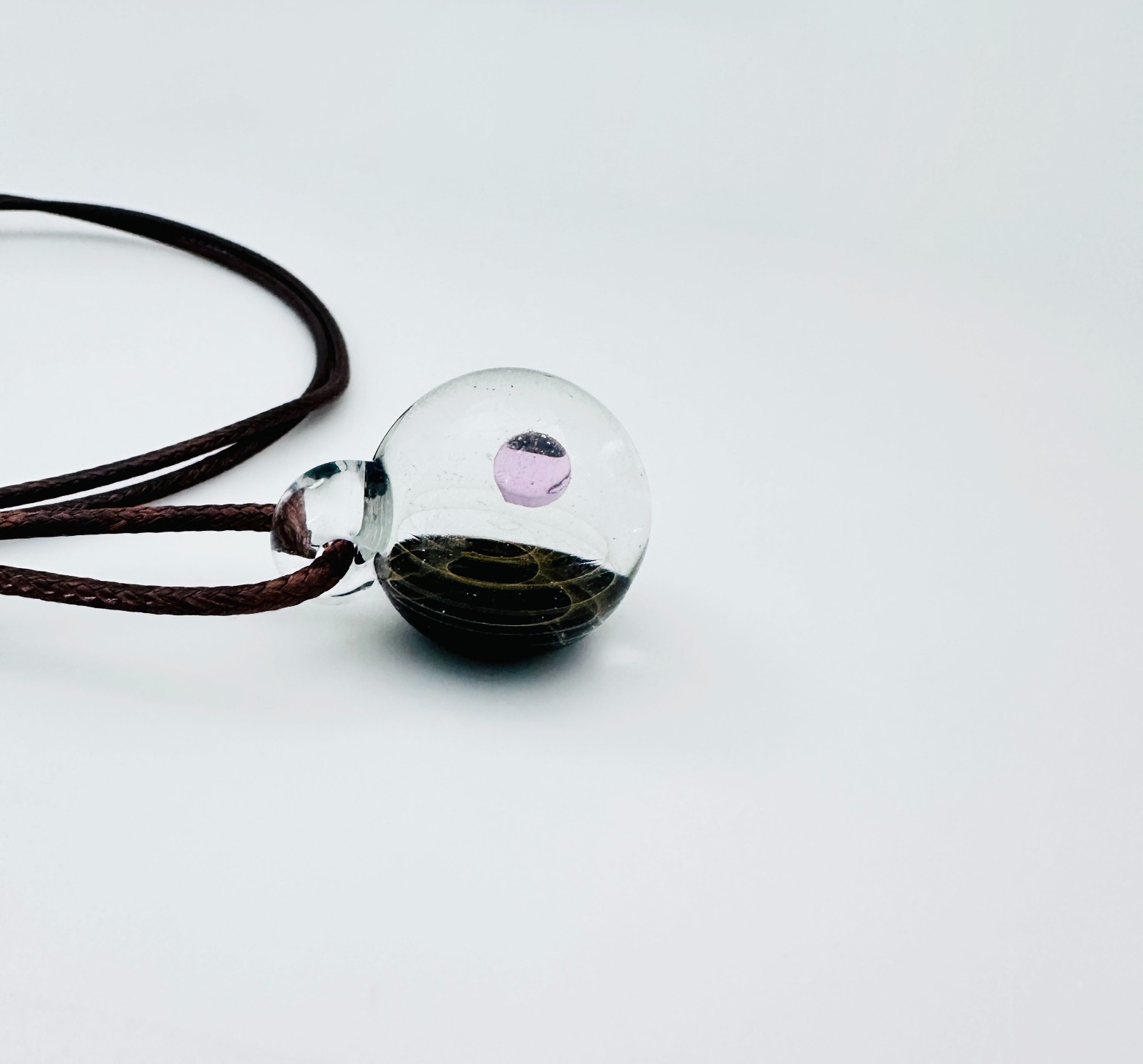 Galaxy Cosmic Sphere Glass Lampwork Pendant w/Long Brown Cord Necklace