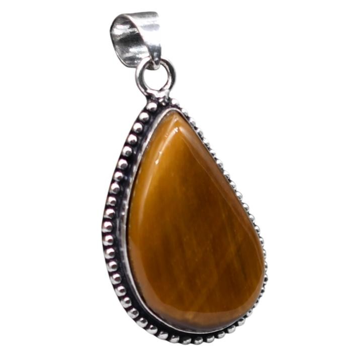 Tiger Eye Natural Gemstone Antique Silver Plated Pendant 2″ J 1098