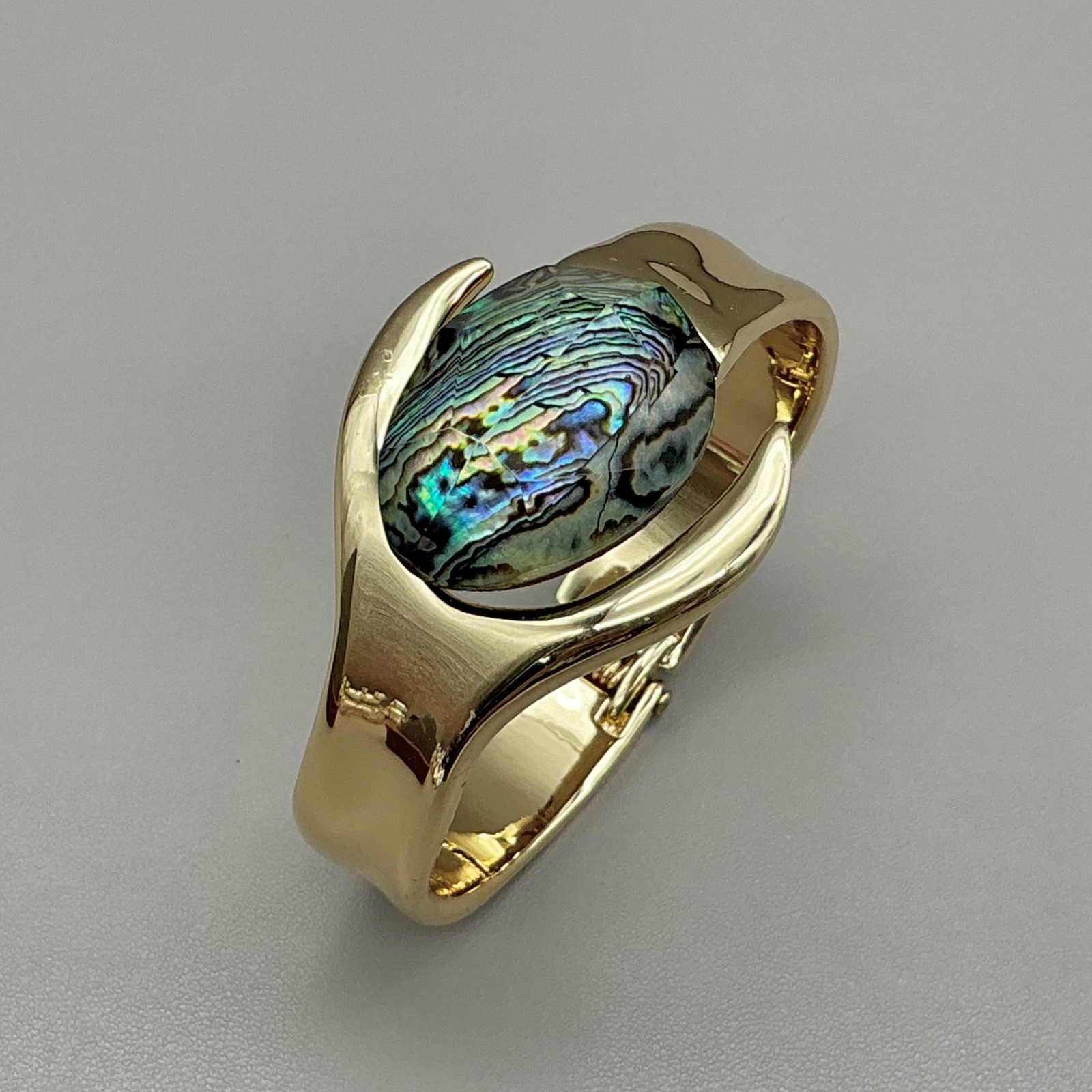 Bracelet Women Gold Tone Abalone Shell Hinge Cuff Bangle Modernist Boho 6.5 In