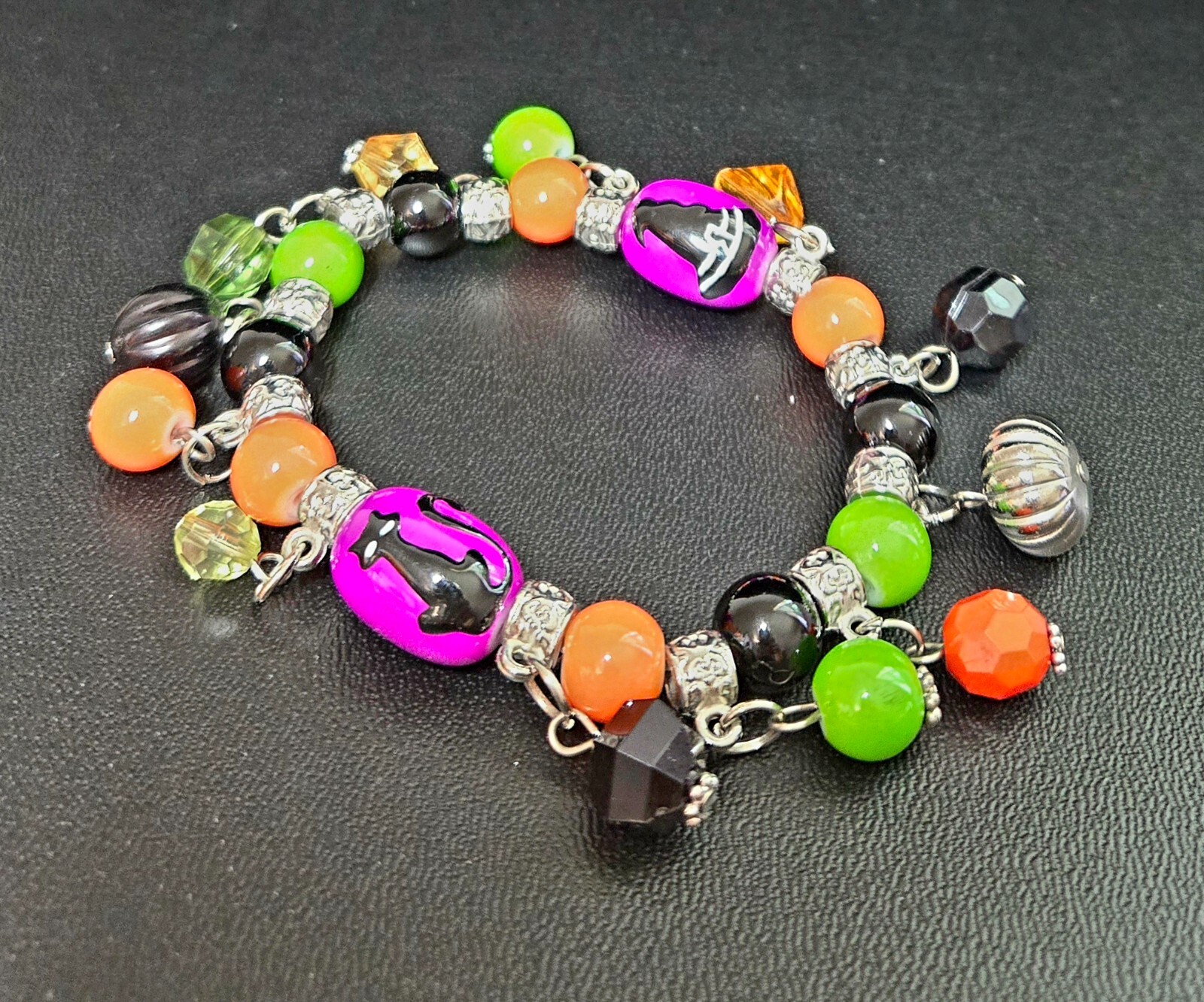 Halloween Bracelet Glass Beaded Stretch Bracelet Ghost Spooky Cat Bat Spooky 5