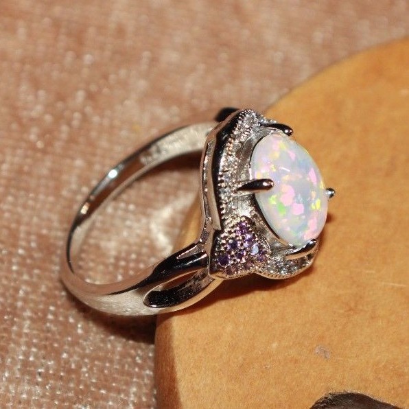 white fire opal Cz ring 6 8.5 gemstone silver jewelry engagement cocktail band J