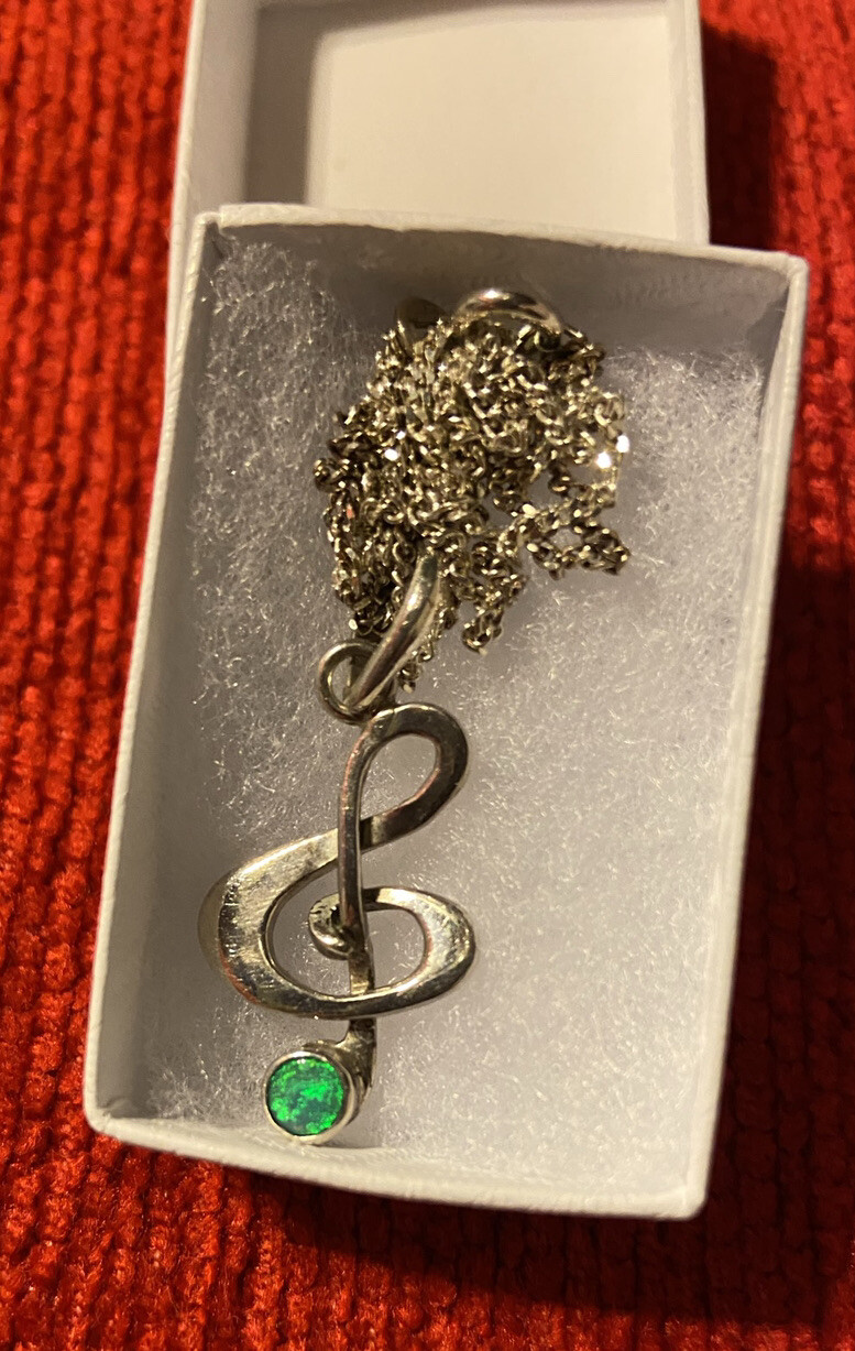 Silver Treble Clef Pendant With Opal Stone On A 16”/40cm Silver Chain.