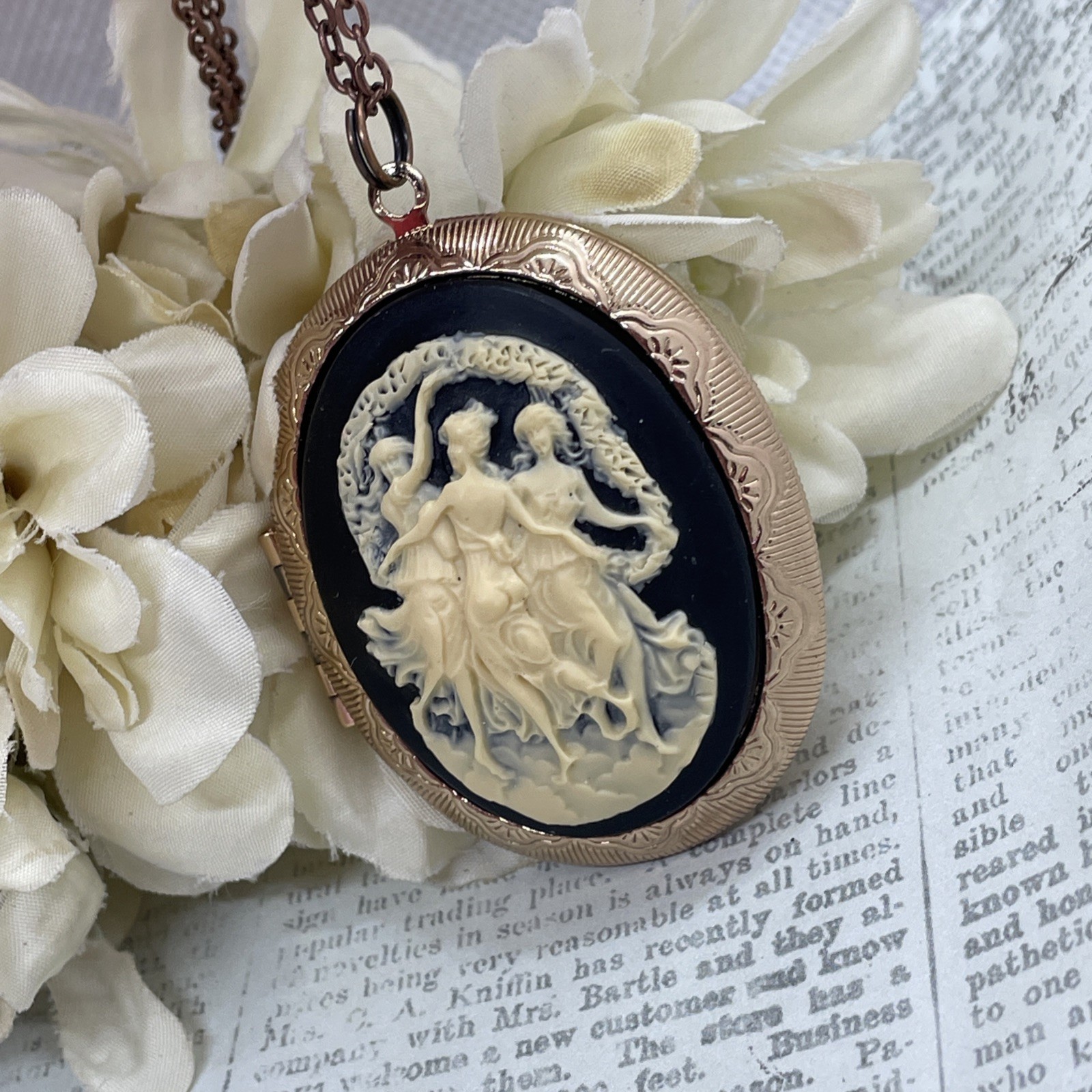 Rose Gold Photo Locket Necklace Birthday Gift 3 Graces Muse Muses Dancer Cameo