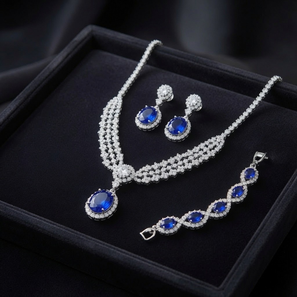 Royal Blue Jewelry Set Rhinestone Silver Blue Crystal Necklace Earring Bracelet