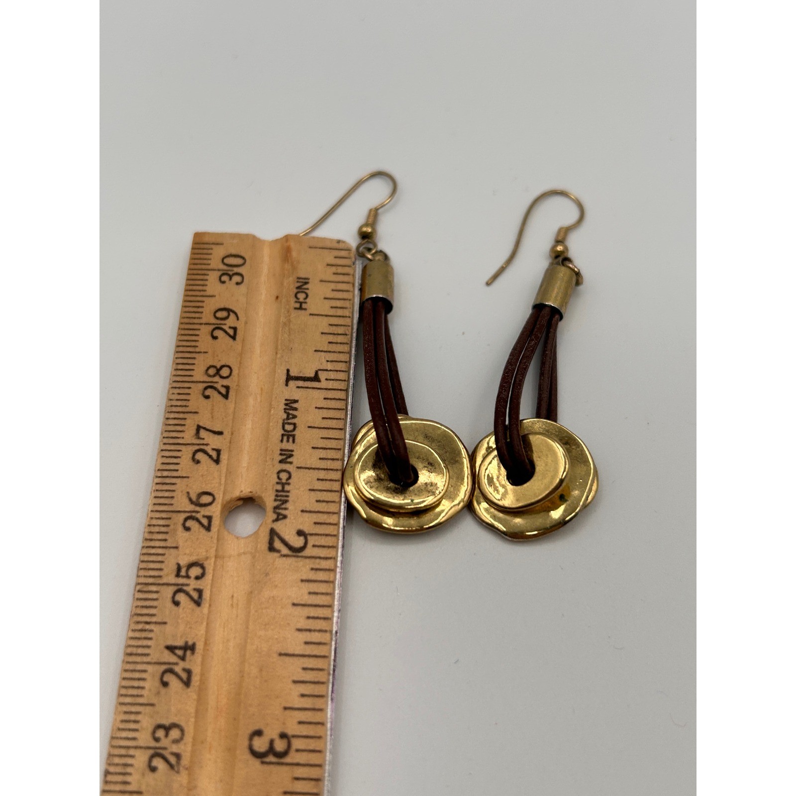 Boho Hammered Gold Tone Disc Brown Cord Drop Dangle Earrings Artisan Style 2″