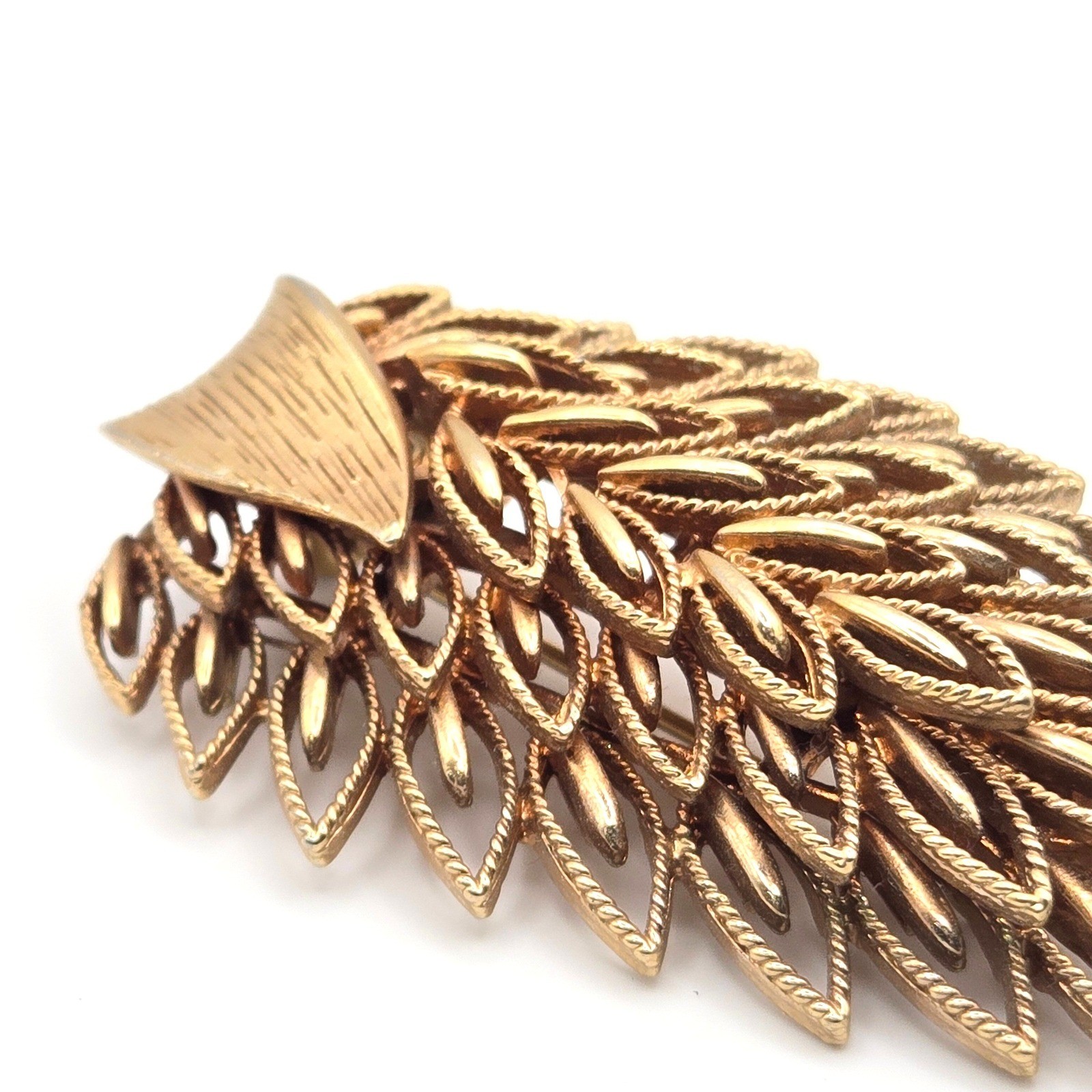 Vintage SA Samsan 10k Gold Plated Peacock Feather Leaf Brooch Pin Art Deco Style