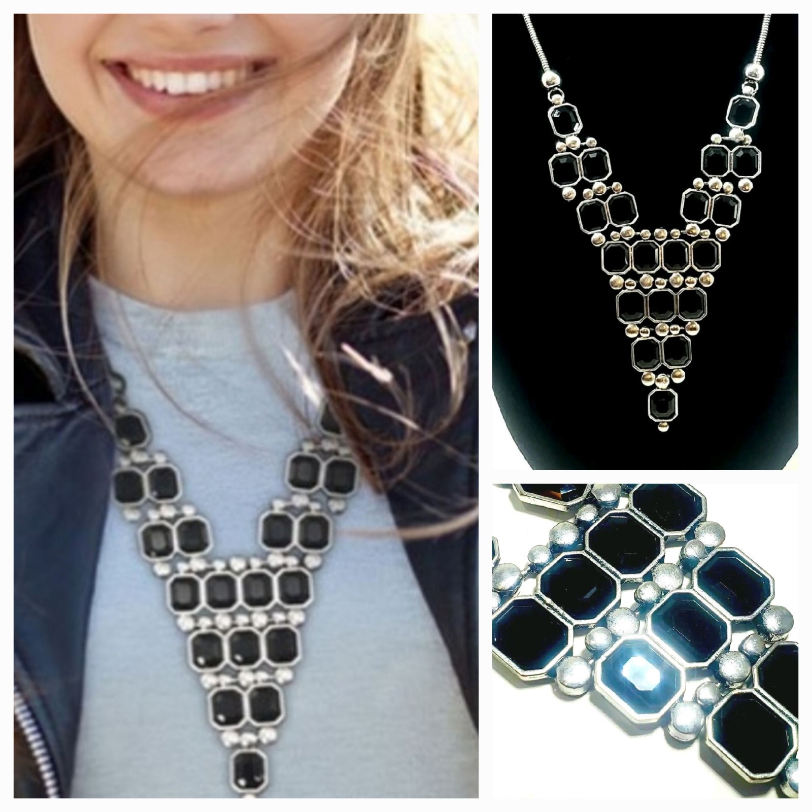 Designer PASSIANA Black Onyx Pyramid RUNAWAY BIB STATEMENT NECKLACE NOS RETIRED