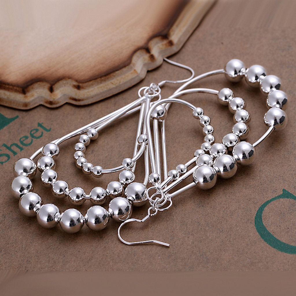 925 Sterling Silver Chandelier Beads Bali Hoop Pierced Earrings L154