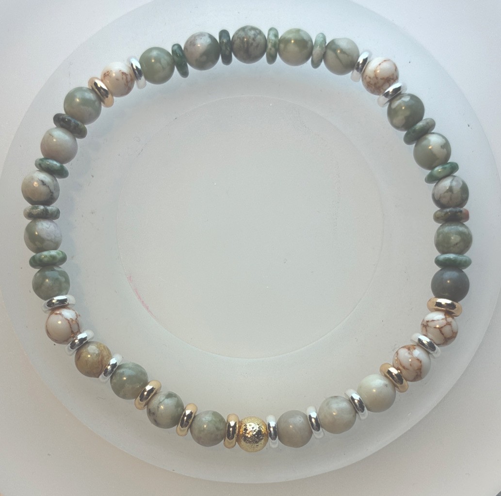 Men’s Stretch Bracelet Brazilian Agate White Howlite Golden Discs Size 8.0”