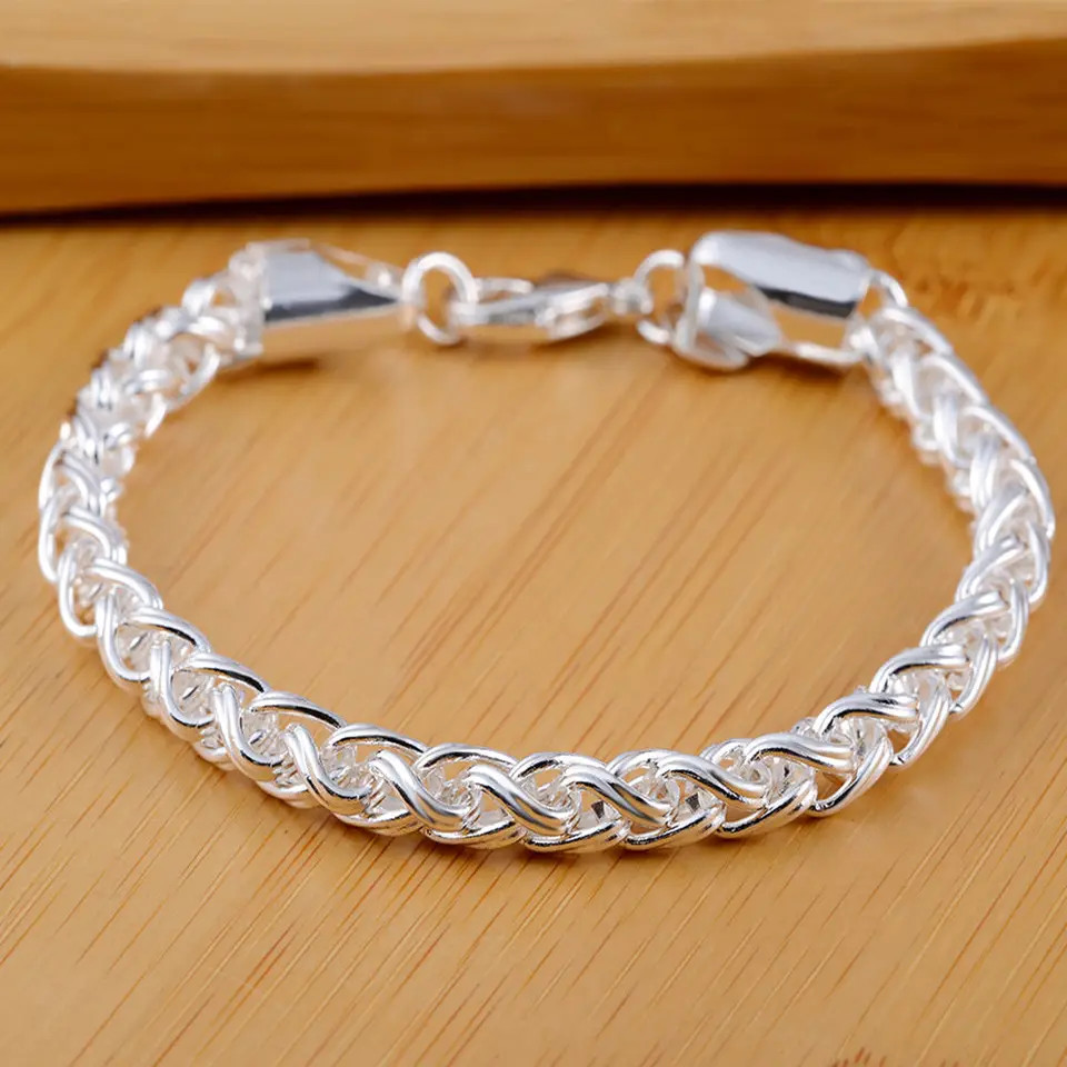 Sterling Silver Bracelet Twisted Circle Chain Polished Retro Wedding Jewelry