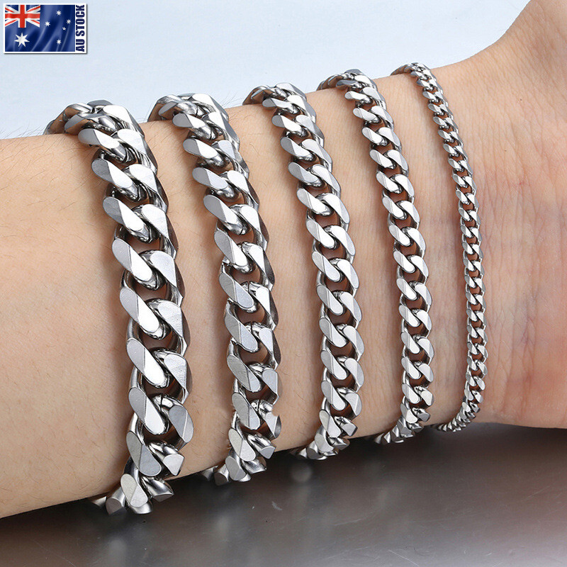 3/5/7/9/11mm Stainless Steel Curb Cuban Link Bracelet Silver Men’s Chain 18-25cm