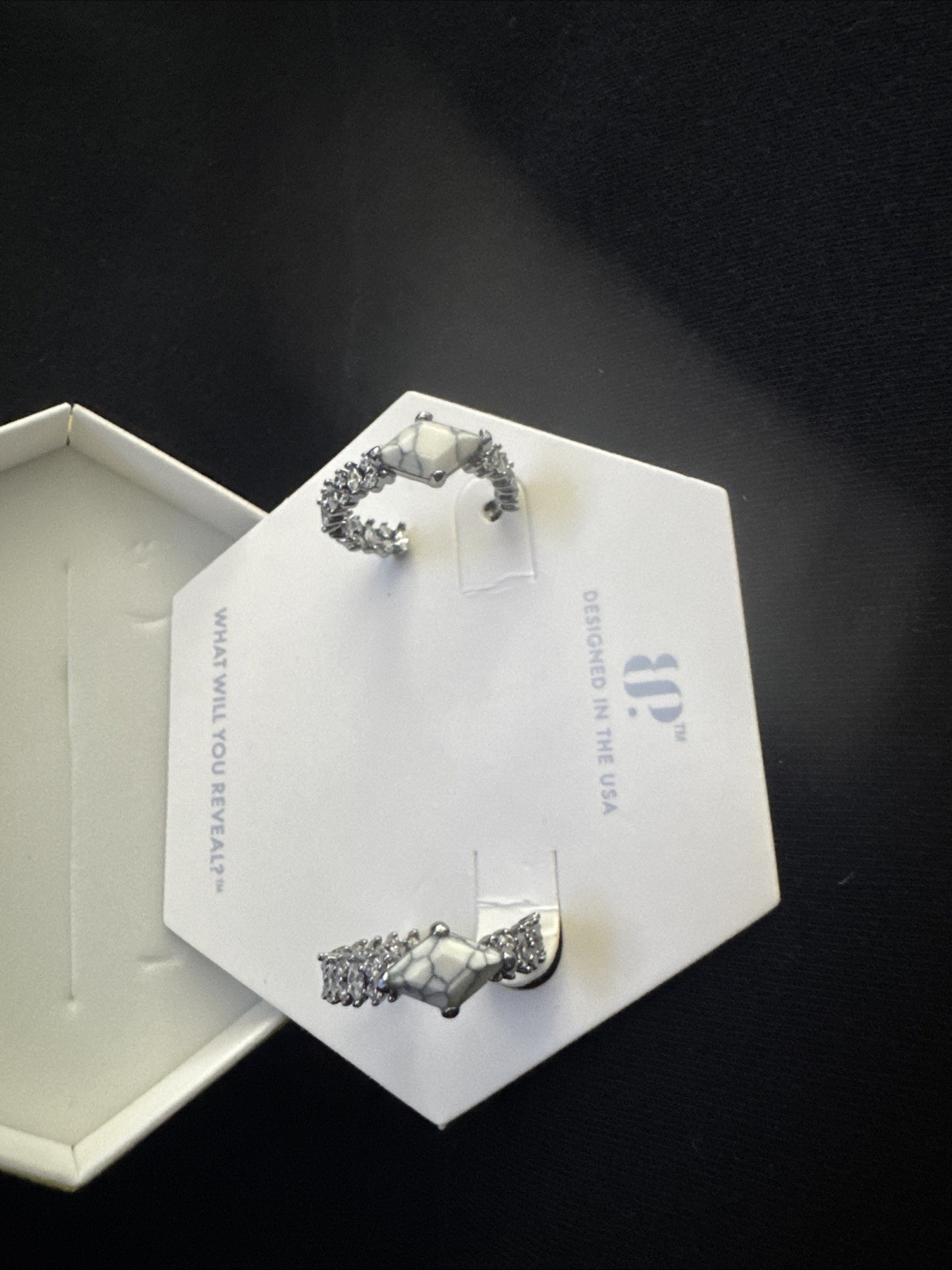BP Hoop Earrings Howlite Stone With Diamond CZ On Hematite Plating