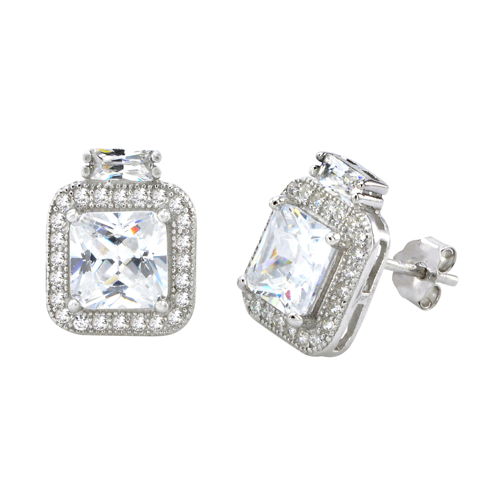 Sterling Silver Square Halo Cubic Zirconia Stud Earrings Micropave 12mm x 10mm