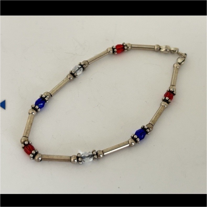 Sterling Bar Link Beaded Bracelet Red Blue Round Glass Beads Lobster Clasp