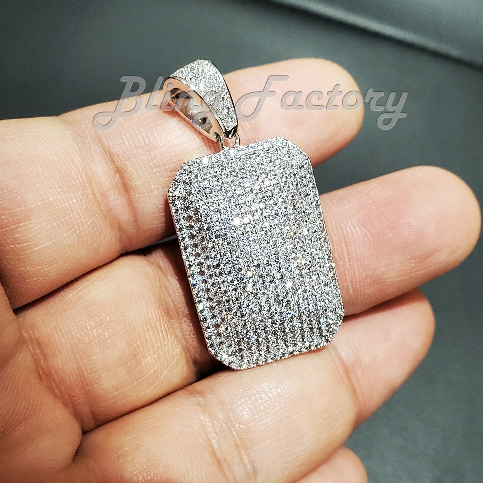 HIP HOP ICED SILVER PLATED BLING BRASS MICRO PAVE DOG TAG CHARM PENDANT BCH1211S