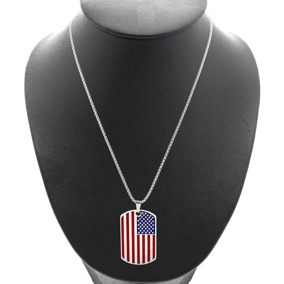 American Flag Dog Tag Necklace – Stainless Steel – USA Veteran, Gift