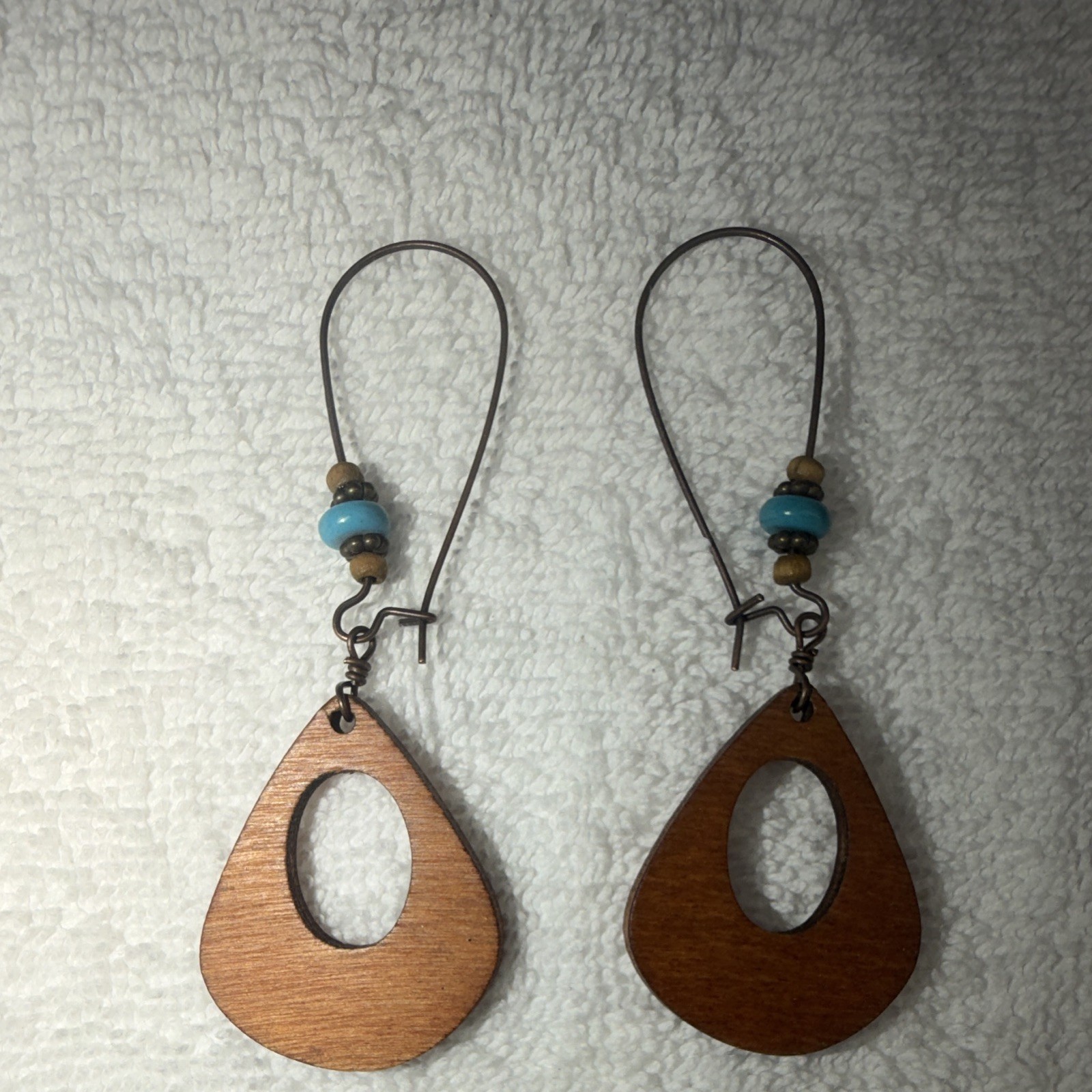 Teardrop Dangle/Drop Hook Earrings Blue Beaded Accent Brown Wood/Metal No Stone