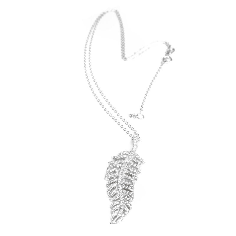 Sterling Silver Feathers Clear CZ Charm SS Oval Ring Rolo Link Cable Necklace