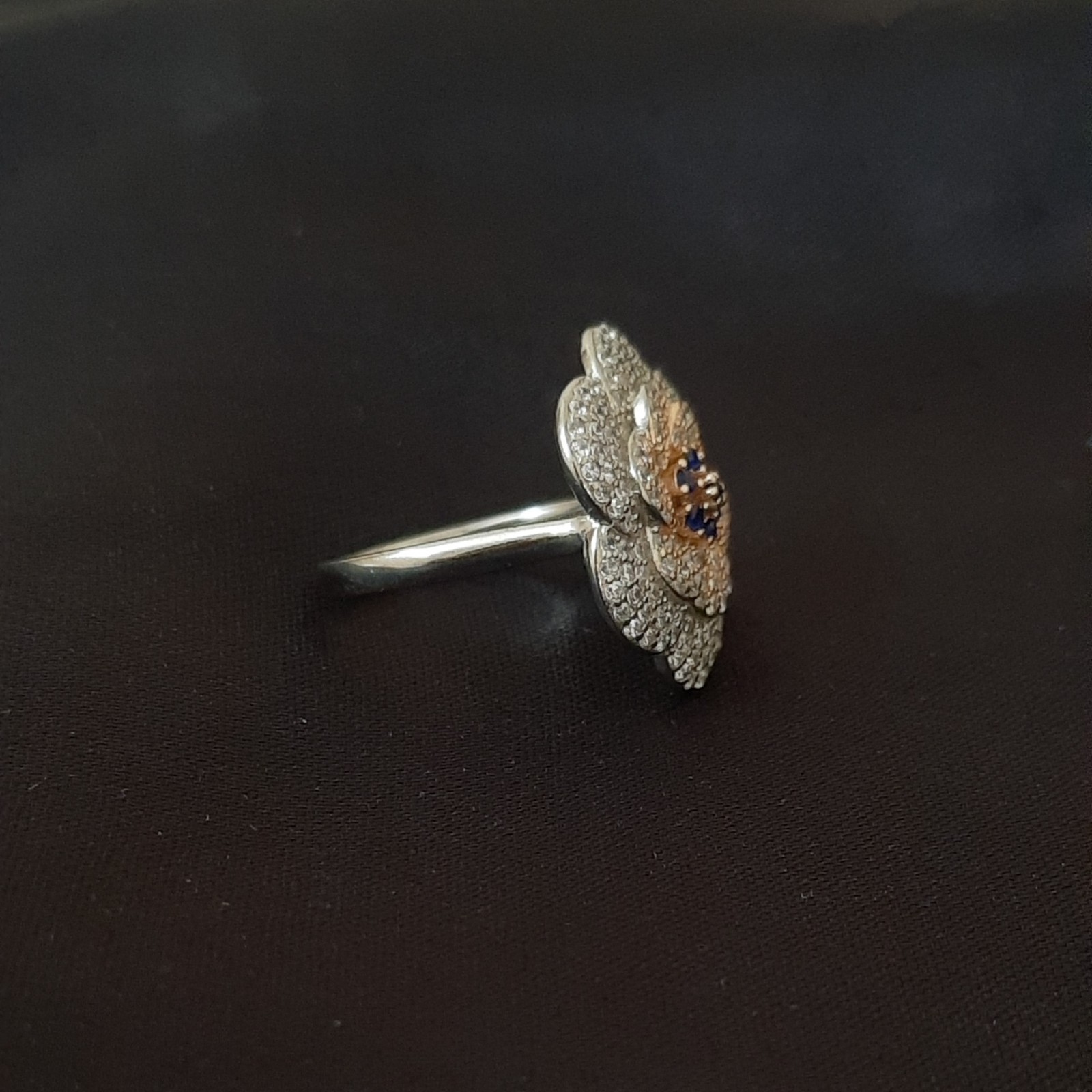 Flower CZ Ring with Blue Stone in Sterling Silver 925, Statement Ring 6.8