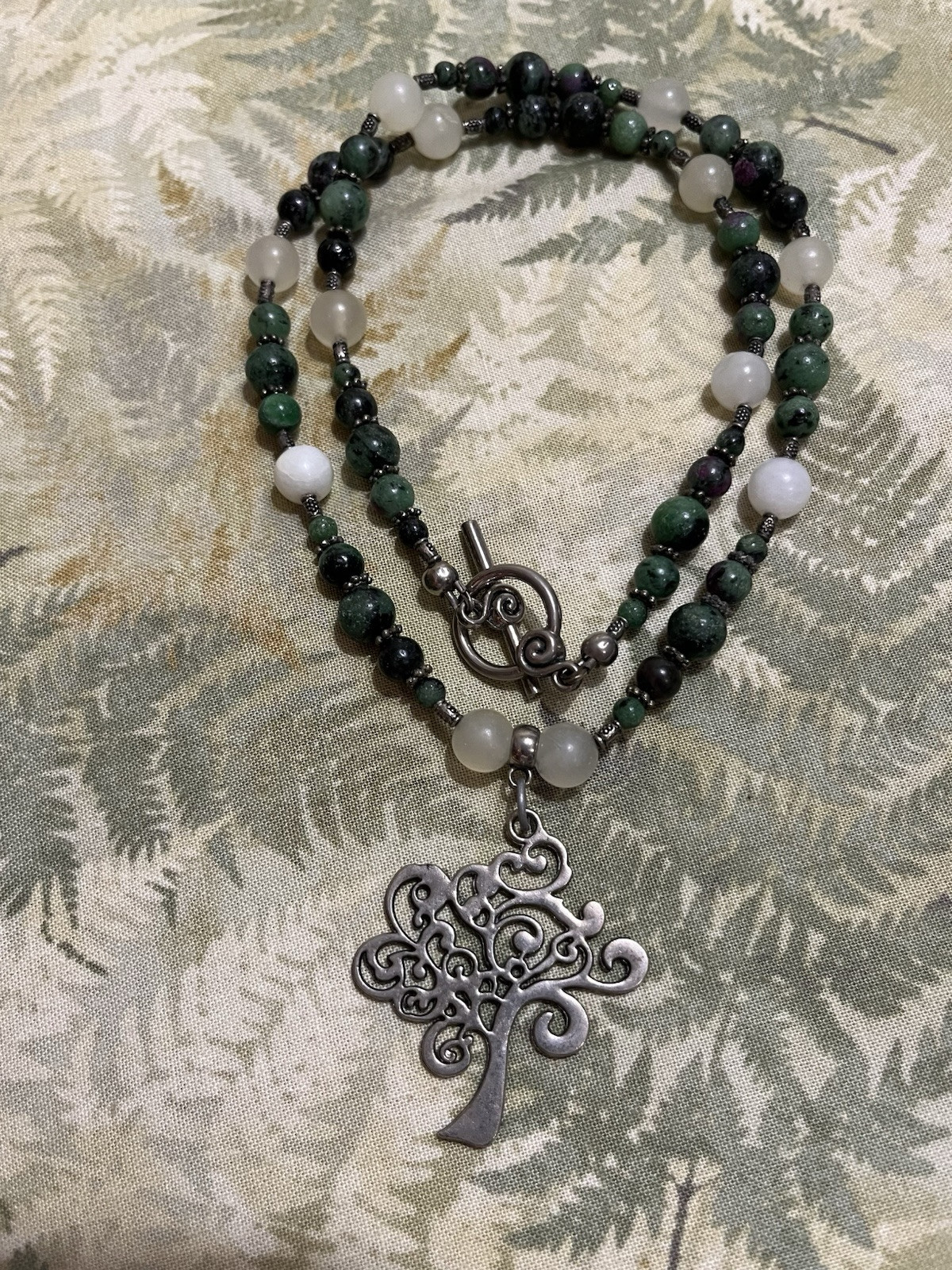 Tree of Life Necklace with Ruby in Zoisite and Aventurine – Pagan, World Tree