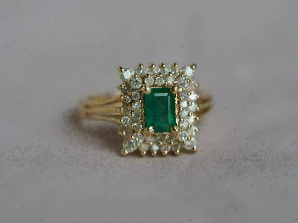1.75Ct Green Emerald Diamond Cluster Engagement Ring 14K Yellow Gold Plated