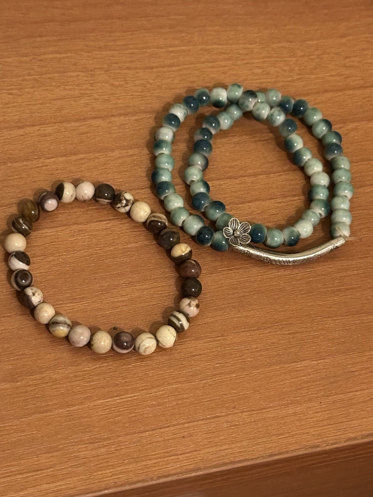 Lot of 2 Natural Stone Beaded Stretch Bracelets Blue Green Brown Boho