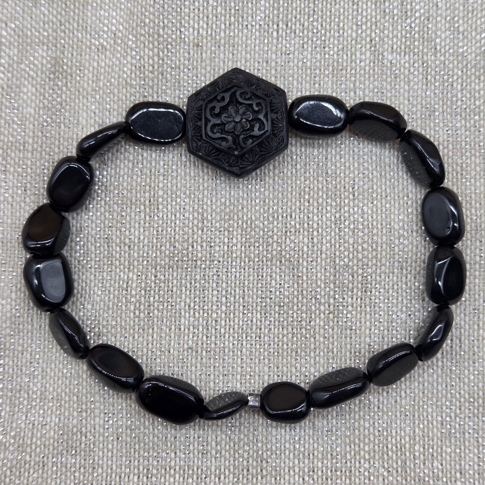 Black Carved Bead Stretch Elastic Beaded Bracelet