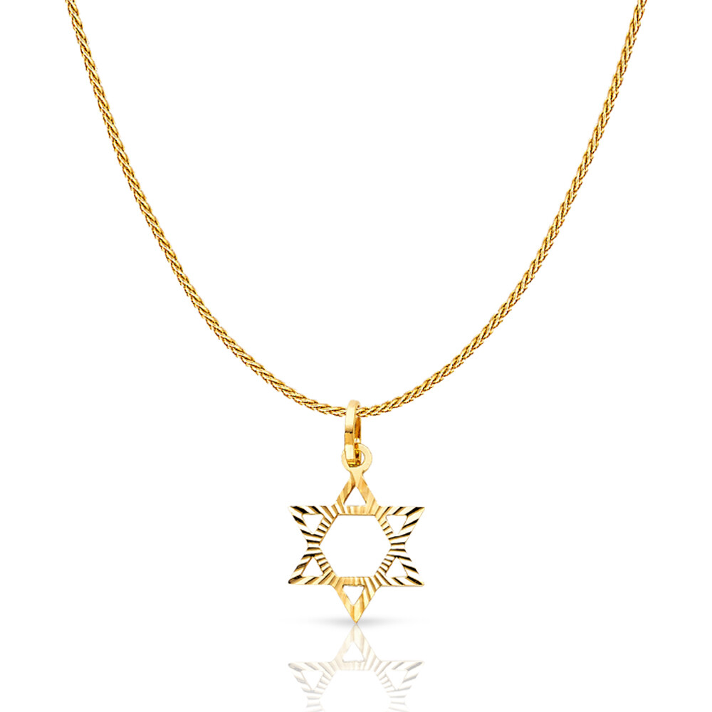 14K Yellow Gold Star of David Charm Pendant with 0.9mm Wheat Chain Necklace