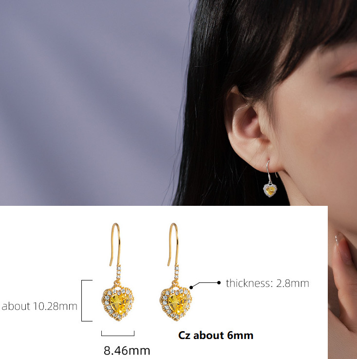 925 Sterling Silver Yellow & Clear CZ Heart-Shaped Dangle Drop Earrings gift F1