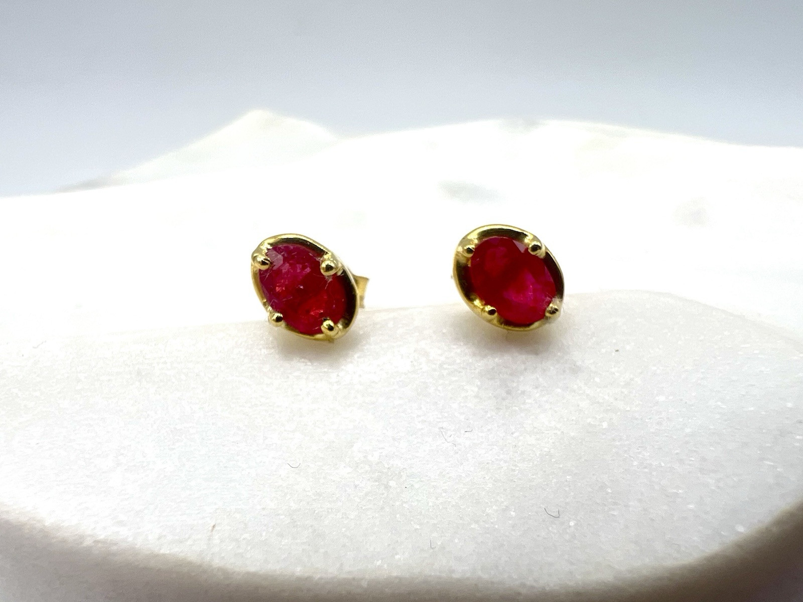 Ruby Gemstone Oval Post Back Earrings – Roost Collection – Gold Plated Silver