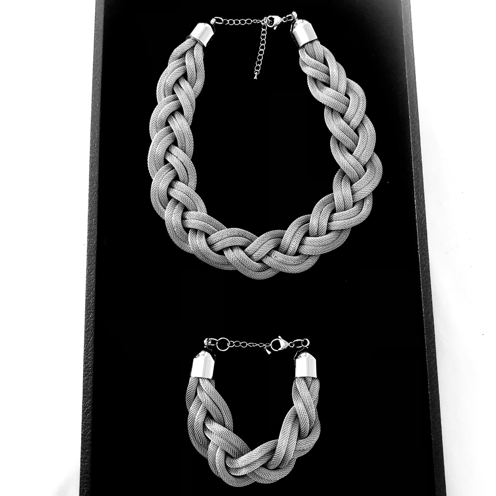 Silver Metal Mesh Braided Collar Necklace & Bracelet Set Chunky