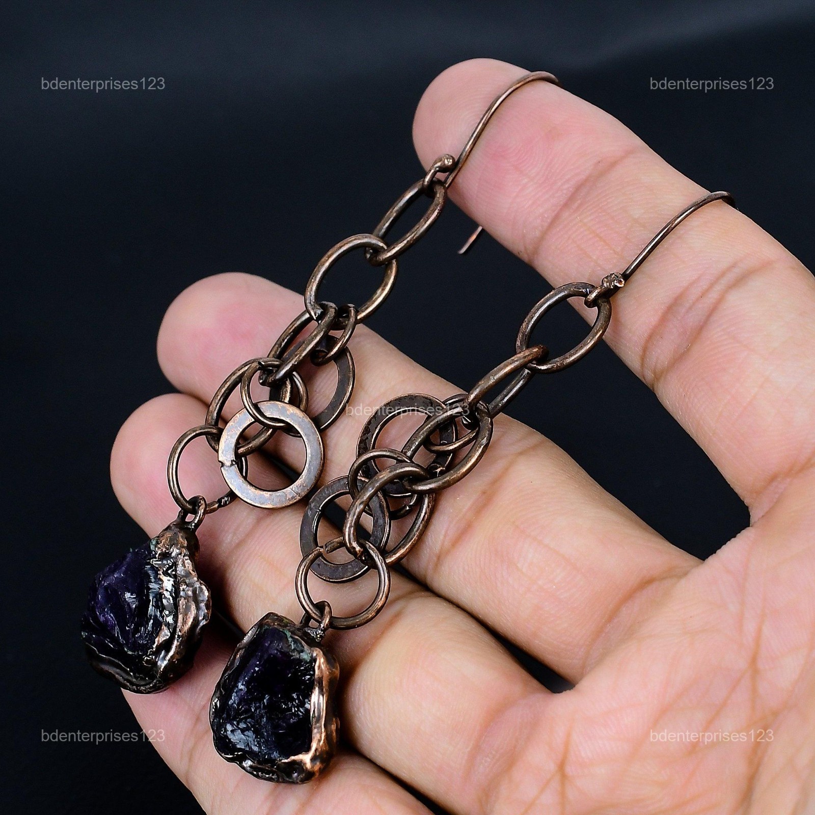 Pentagon African Amethyst Rough Gemstone Dangling Electroformed Earrings Copper