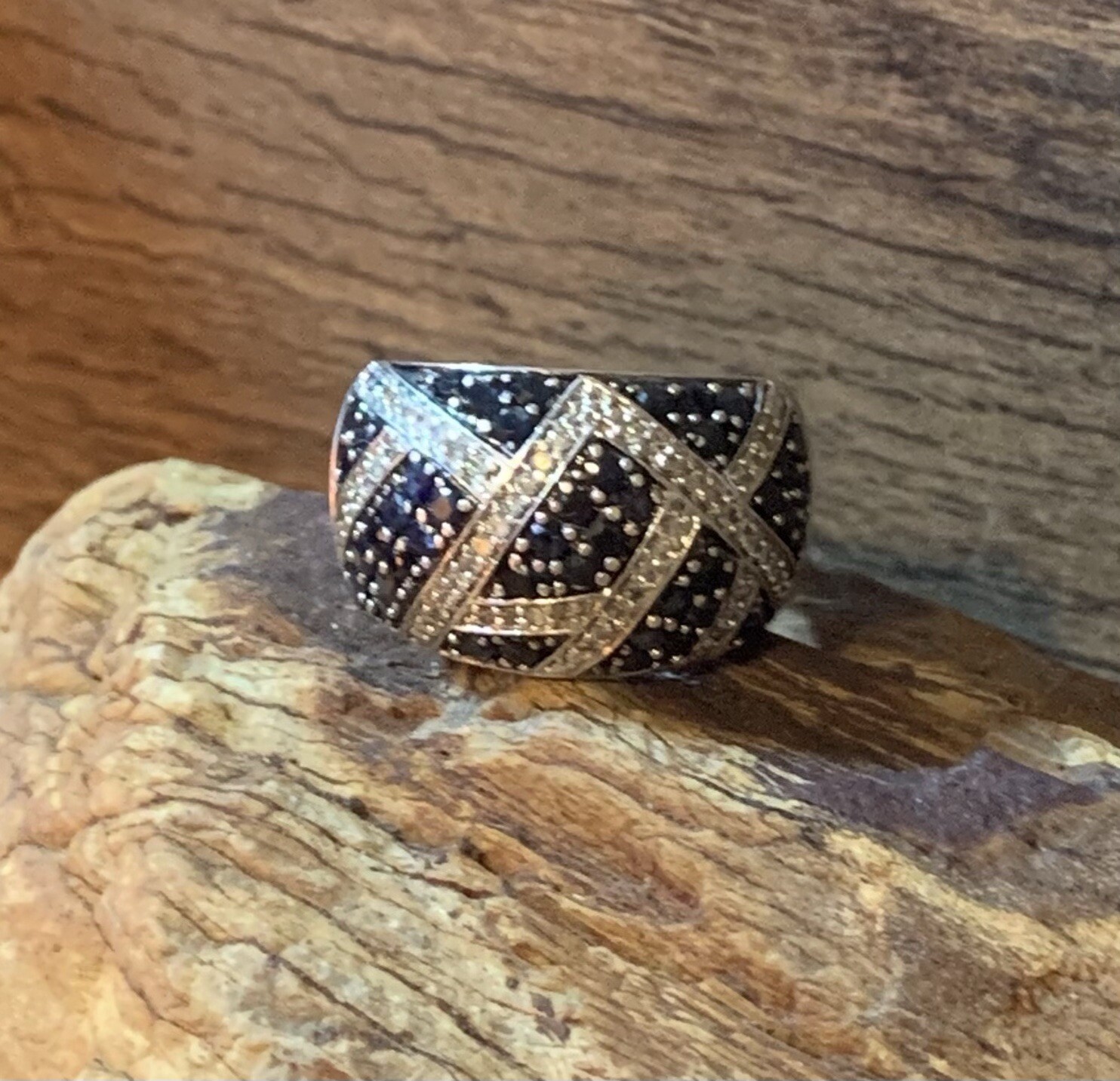 Sterling Silver Diamond & Sapphire Domed Wide Band Ring , Sz 7, 11.3 g.