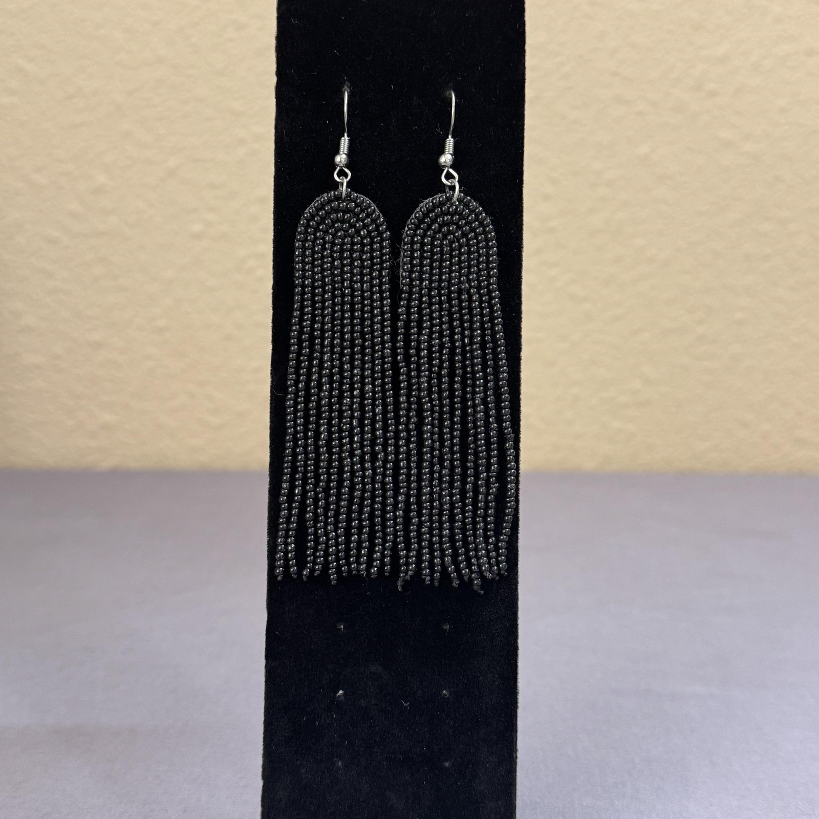 Black Beaded Tassel Dangle Drop Earrings 3.5 In Womens Boho Statement Jewelry