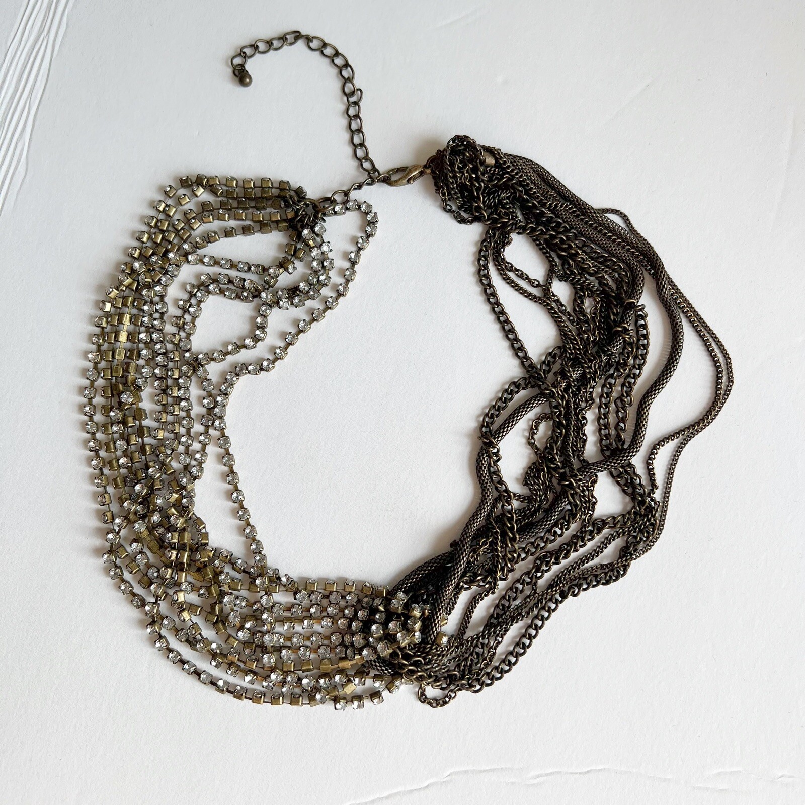 Multi layer chain rhinestone statement necklace brass gold