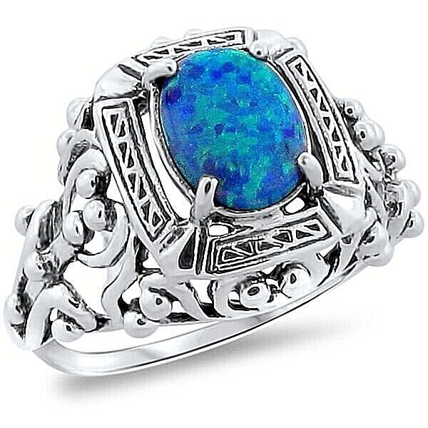 ANTIQUE STYLE 925 STERLING SILVER LAB-CREATED BLUE FIRE OPAL RING #229