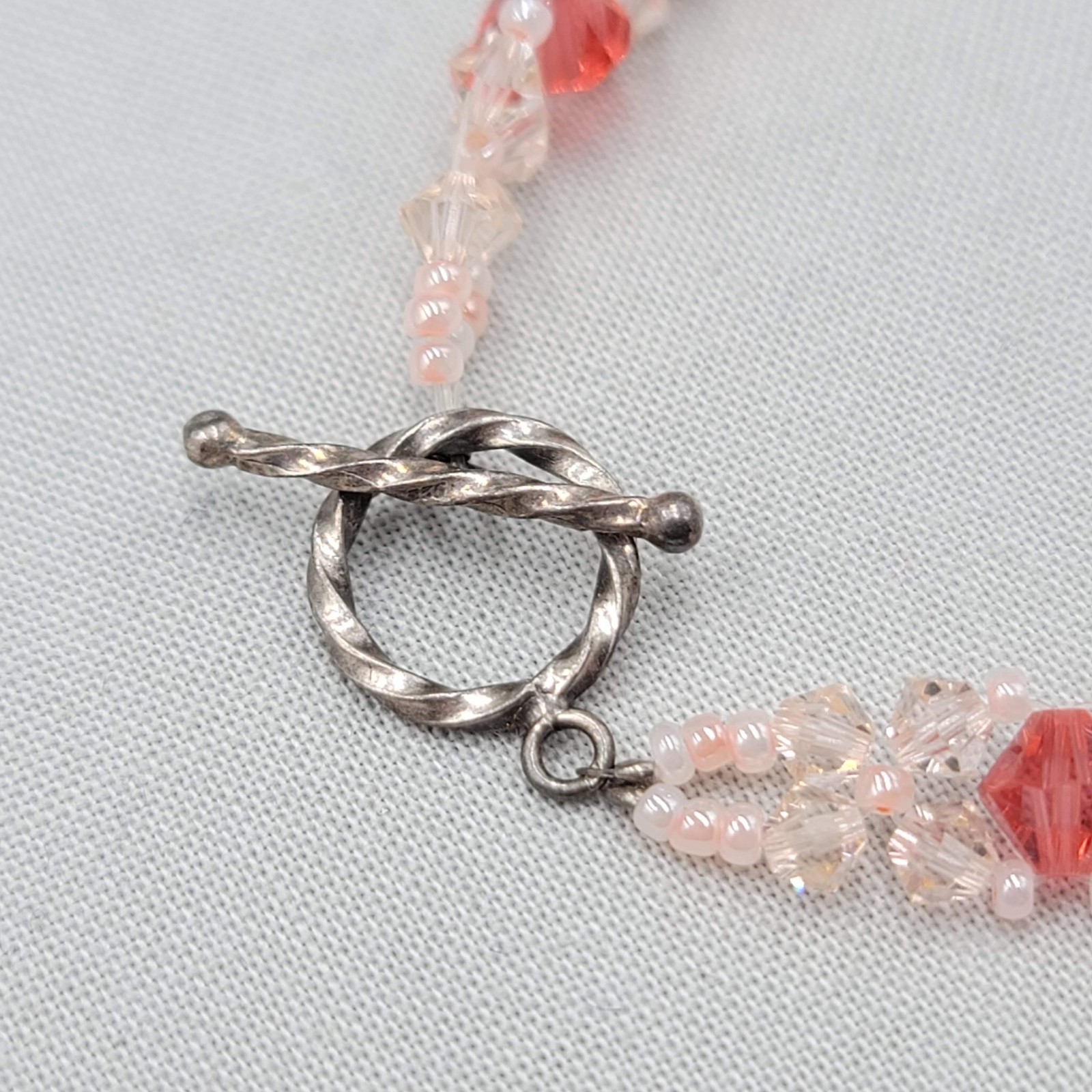 Pink Crystal Bicone Weave Bead Bracelet Toggle Closure 7.5″