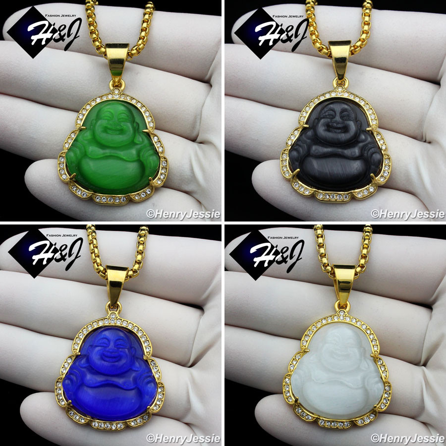 18-36″Stainless Steel 3mm Silver/Gold Plated Box Chain BUDDHA Rhinestone Pendant