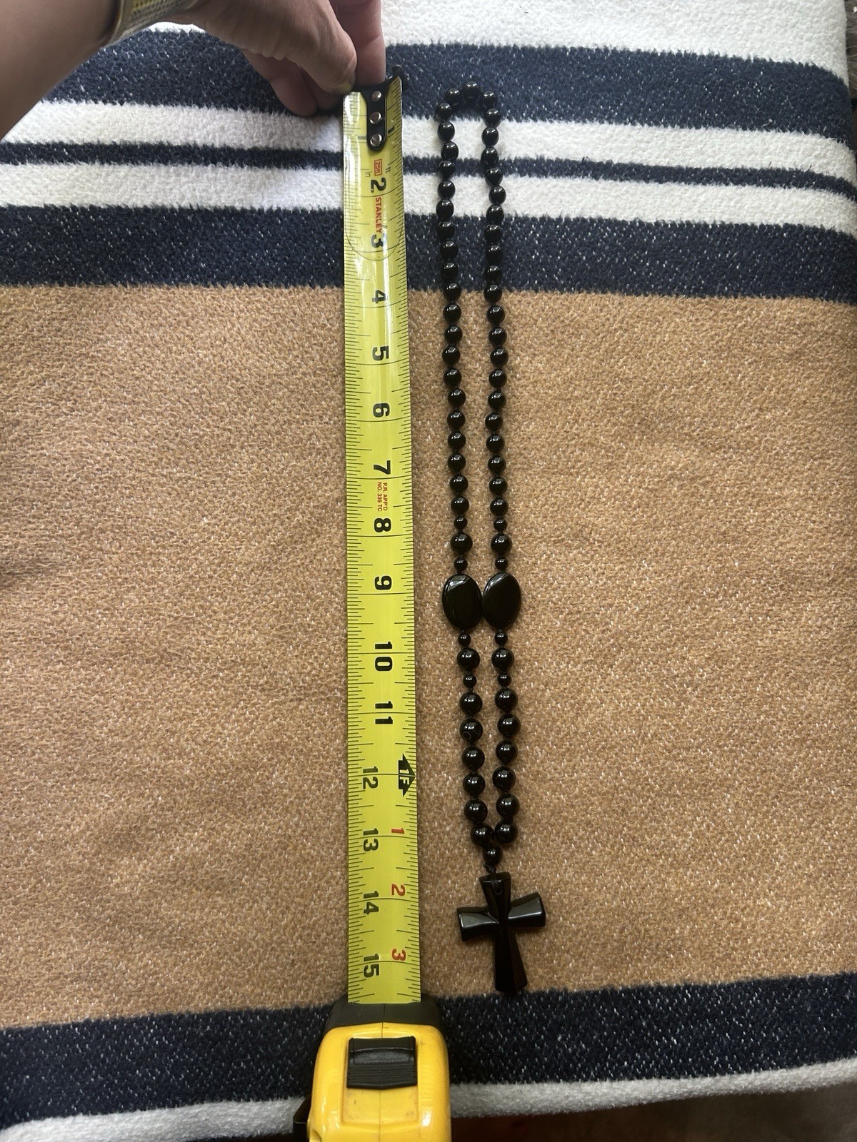 Obsidian Necklace Cross Charm Pendant Rosary 15 in