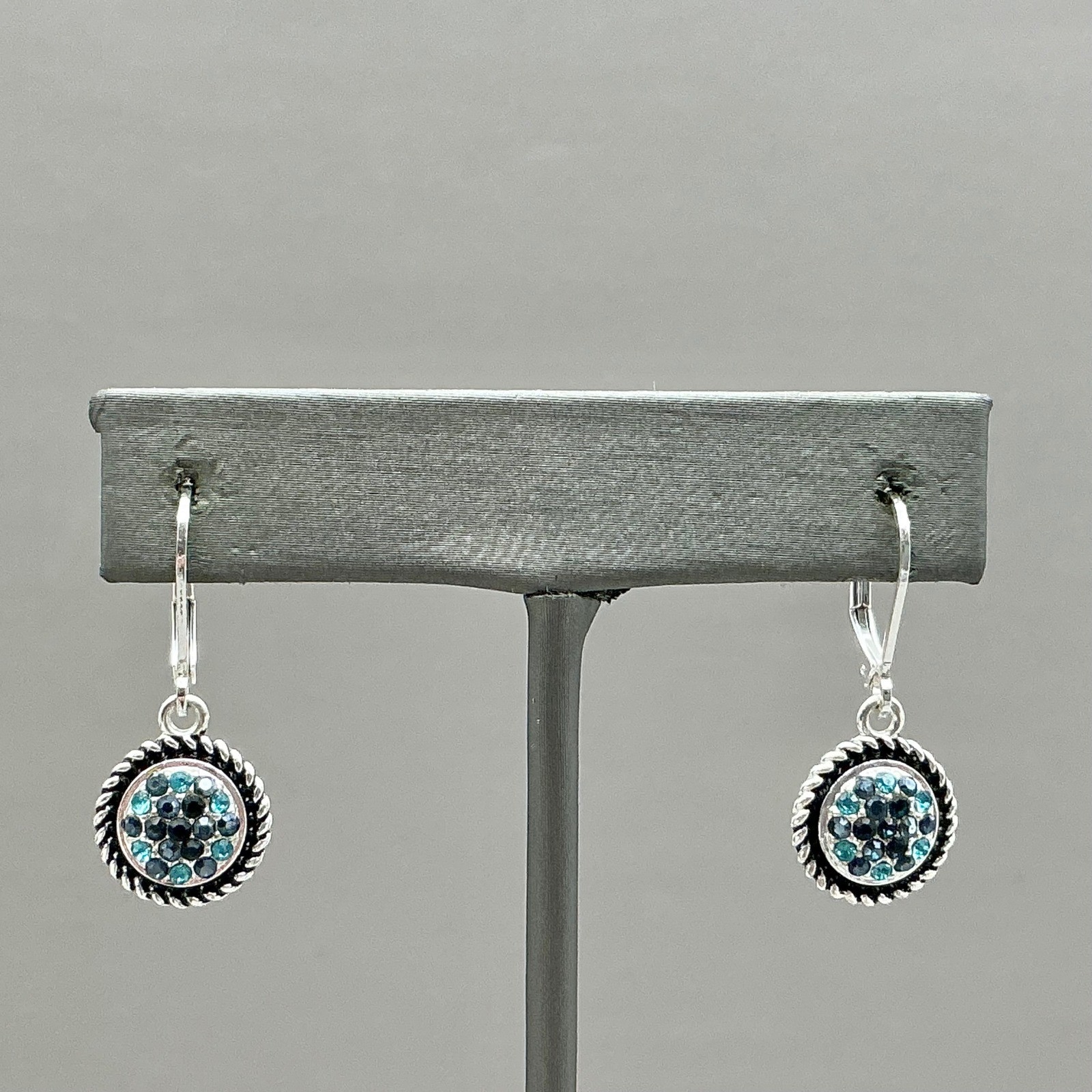 Napier Earrings Women Silver Tone Blue Crystal Round Leverback Dangle 1.25 In
